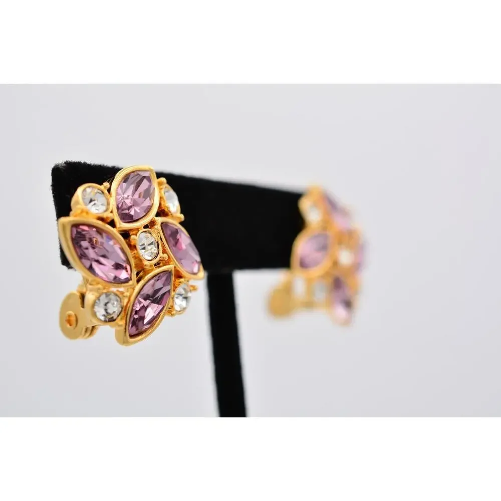 Monet Vintage Crystal Clip On Earrings Lavender Rhinestone Gold Signed 1980s 9E